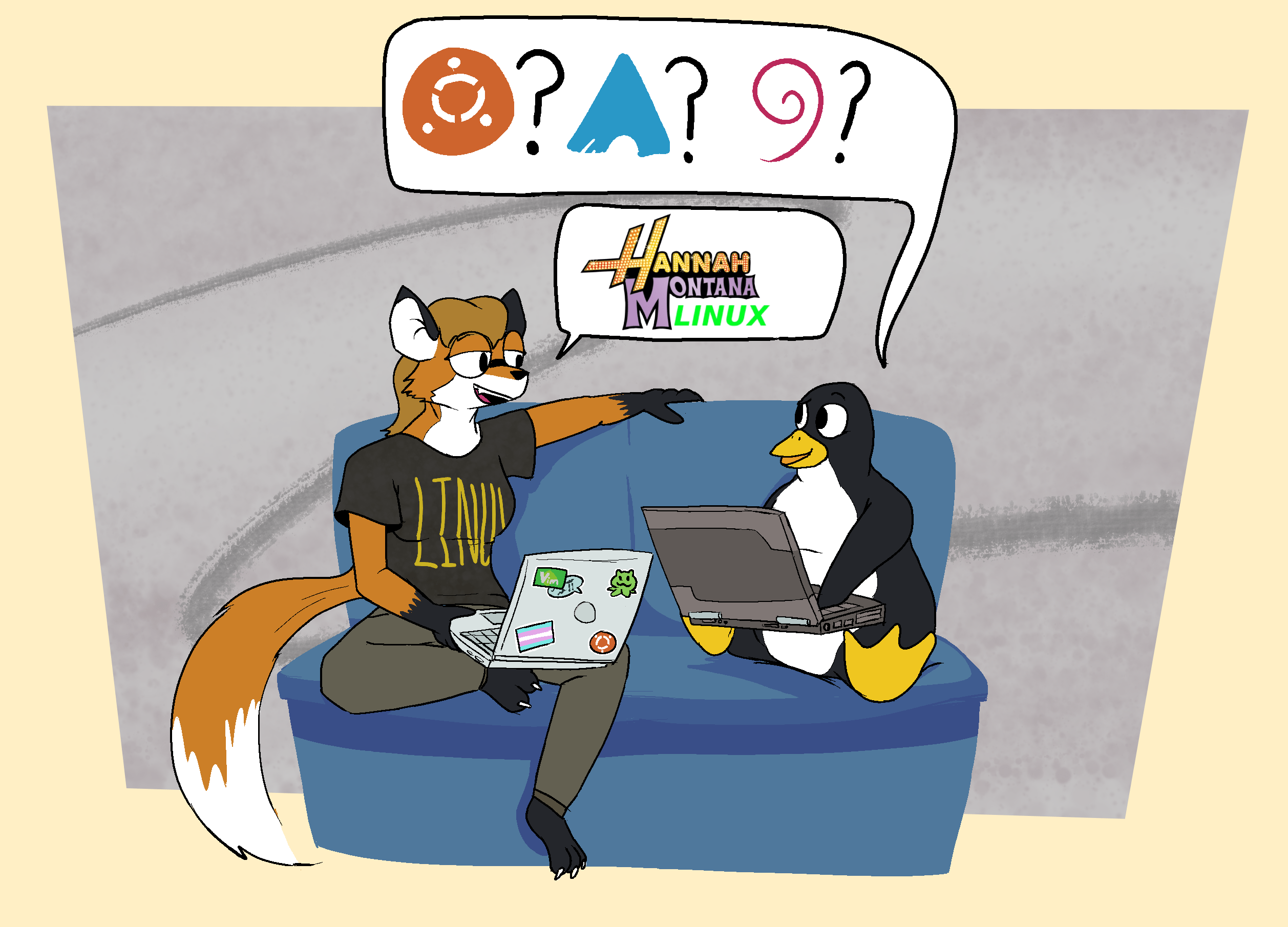 Xenia and Tux, Linux mascots, sitting on a couch holding laptops. Tux is asking which distro Xenia uses, and she tells him she uses Hannah Montana Linux. It's a real thing!